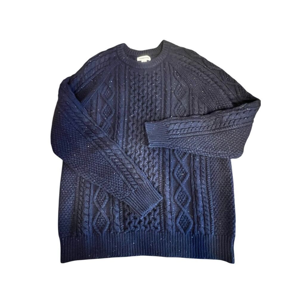 Lands' End Men's XL Cotton Blend Aran Cable Crew Neck Sweater blue speckled